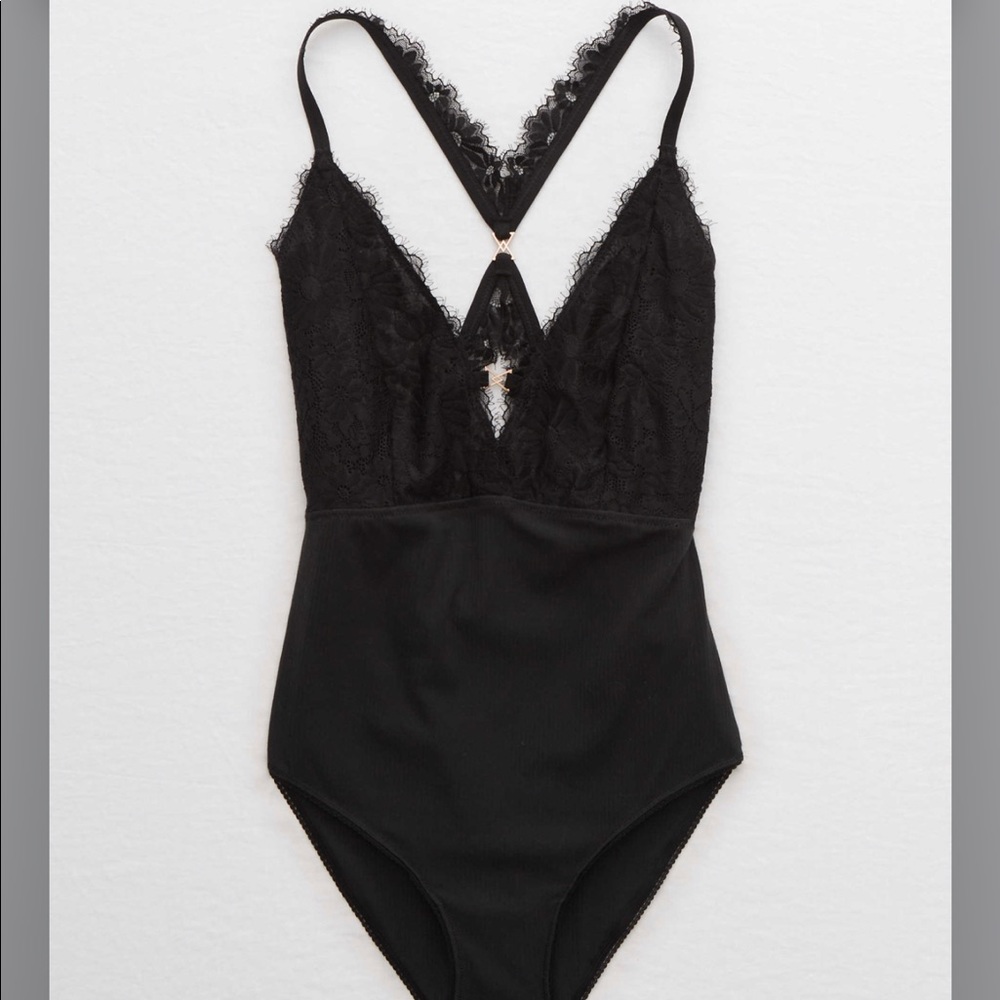 Aerie NWT  “Happy” ribbed black lace body suit